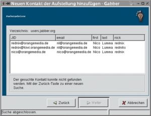 Abbildung 4: Bei der Suche nach den Kontaktdaten eines Bekannten ist JUD, das Jabber User Directory, die erste Anlaufstelle. Es enthält die Daten von Jabber-Anwendern, die ihre VCard dort abgelegt haben.
