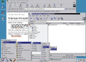 Abbildung 4: Xandros ist seinem Vorgänger Corel Linux in vielen Dingen sehr ähnlich. Im Hintergrund: Ein Versuch, Corels Linux-Website zu kontaktieren, führt zu dem diskreten Hinweis, sich wegen technischen Supports an Microsoft zu wenden.