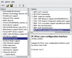 Abbildung 4: Für IPsec muss die Kernelkonfiguration in den Netzwerkoptionen die Module AH, ESP und das IPsec-Userspace-Interface einbinden.
