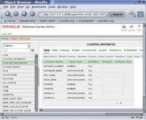 Abbildung 4: Oracle Express bietet eine durchdachte Weboberfläche für die Administration. Der Objekt-Browser präsentiert hier eine Datenbanktabelle, die sich an derselben Stelle auch komfortabel anlegen, indizieren, editieren, übereignen, einschränken, abfragen oder verknüpfen ließe.