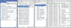 Abbildung 4: Eclipse integriert für C- und C++-Entwicklung den GNU-Debugger. Ganz links zeigt es die Variablen und ihre Werte, danach folgen die verwendeten Bibliotheken und die Register. Rechts ist der disassemblierte Code mit dem aktuellen Programmzeiger zu sehen.