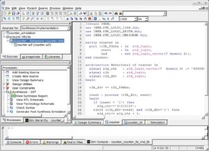 Abbildung 4: Die integrierte Entwicklungsumgebung ISE von Xilinx enthält neben der Projektverwaltung im linken Teil des Fensters auch einen VHDL-Editor mit Syntax-Highlighting.