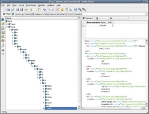 Abbildung 4: Der KDE-XML-Editor stellt die DOM-Struktur der Webseite aus Abbildung 1 dar. Im Pfad-Feld oben ist die längliche XPath-Angabe für das unten markierte »table«-Element zu sehen.
