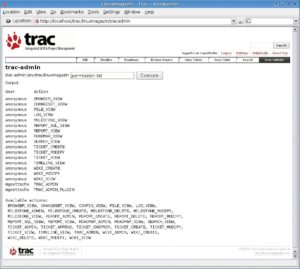 Abbildung 4: Neuer Eintrag im Trac-Menü: Ein Plugin bindet das Kommandozeilentool »trac-admin« in die Weboberfläche ein. Es übergibt ihm Befehle und zeigt die Ausgabe des Tools an.