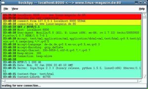 Abbildung 4: Sockspy schiebt sich zwischen Client und Server, um den TCP/IP-Transfer abzuhören und den übertragenen Inhalt in chronologischer Reihenfolge darzustellen.