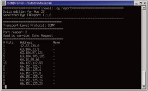 Abbildung 4: FW-Report arbeitet auf der Kommandozeile und erzeugt sehr einfache, aber übersichtliche Berichte. Bei ICMP zeigt das Tool nur die Quell-IP-Adresse, bei TCP und UDP zudem die Ziel-Portnummer an.