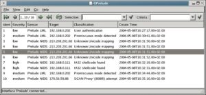 Abbildung 5: Die grafische Prelude-Oberfläche Gprelude verbindet sich mit der Prelude-Log-Datenbank und zeigt die protokollierten Ereignisse übersichtlich an. Der Benutzer kann die Einträge durchsuchen und sich mit Filtern auf einzelne Gruppen konzentrieren.