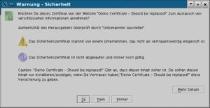 Abbildung 5: Das durch 1blu selbst signierte Zertifikat meldet sich mit »Demo Certificate«. Zum Glück lässt sich das abstellen.