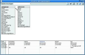 Abbildung 5: Mit dem visuellen Abfragedesigner lassen sich Queries einfacher entwickeln als mit SQL-Direktiven. In der oberen Hälfte sind die Tabellen und ihre Verknüpfungen zu sehen, unten die gewünschten Felder.