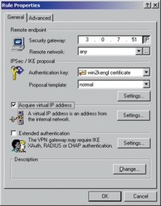 Abbildung 5: Der SSH-Sentinel (unter Windows) unterstützt DHCP-over-IPsec. In den »Rule Properties« gibt der Benutzer vor, dass er im Tunnel eine virtuelle IP-Adresse nutzen will (links); in den Settings (rechts) wählt er dann aus, dass er diese IP per DHCP beziehen möchte.