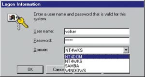Abbildung 5: NT-Login-Dialog einer Workstation »NT4WKS«, die Mitglied der Domäne »SAMBA« ist, mit Vertrauensstellungen.