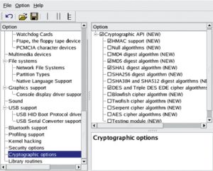 Abbildung 5: IPsec benötigt einige kryptographische Funktionen aus der Crypto-API. Mindestens HMAC, MD5, SHA-1, DES und Triple-DES müssen aktiviert sein.