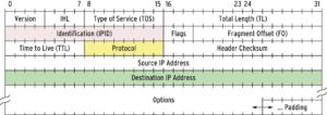 Abbildung 5: Der IP-Header enthält unter anderem das IPID-Feld (pink), dessen Nummer zusammengehörige Fragmente kennzeichnet. Der Protocol-Eintrag bezeichnet das Schicht-4-Protokoll, das dieses IP-Paket transportiert (1=UCMP, 6=TCP, 17=UDP).