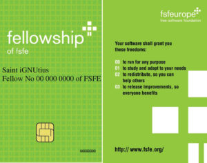 Abbildung 5: Fellowship Cryptocard für einen gewissen "Saint iGNUtius". Die Rückseite zeigt, welche Freiheiten Software dem Anwender bieten sollte.