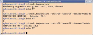 Abbildung 5: Ausgaben und Exit-Werte des Temperatur-Plugin auf unterschiedliche Kommandozeilenparameter.