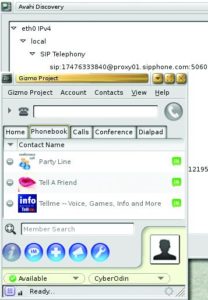 Abbildung 5: Das Softphone des Gizmo-Projekts (im Vordergrund) gibt seine Nummer per Zeroconf im Netzwerk bekannt. Avahi-Discovery (im Hintergrund zu sehen) belegt dies. Der Eintrag »SIP Telephony« stammt vom Dienstetyp »_sip._udp.local.«.