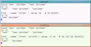 Abbildung 5: Oben: Ein argloses »find ... | xargs ...« erwischt die falschen Dateien. Unten: Mit den GNU-spezifischen Optionen »-print0« und »-0« überleben Leerzeichen in Dateinamen die Pipeline.