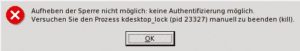 Abbildung 5a: Im Test weigerte sich der KDE-Desktop die Sperre (Lock) aufzuheben. Ursache war vermutlich eine zu enge RSBAC-Konfiguration.