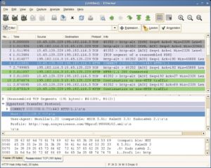 Abbildung 5a: Ethereal verfolgt den Datenverkehr am PPP-Device. Per »CONNECT«-Verbindungsaufbau überwindet der OpenVPN-Client den WAP-Proxy. Im mittleren Bereich ist der komplette HTTP-Header erkennbar, der ein Sony-Ericsson-Telefon nachahmt. Der Proxy bestätigt brav mit »HTTP 1/1 200 Connected«.