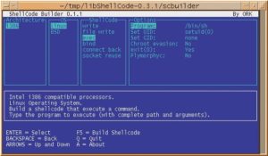 Abbildung 5a: Die Textoberfläche Scbuilder setzt auf Libshellcode. Mit ihr ist es leicht, Shellcode für fast jeden Zweck zu erzeugen: Der Anwender wählt die Architektur, das Betriebssystem, den gewünschten Aufruf und einige Optionen.
