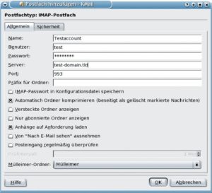 Abbildung 5a: Zum Testen des neu eingerichteten Mailservers dient KMail, hier der Reiter mit den Account-Einstellungen für ein IMAP-Postfach. »Benutzer«, »Passwort« und »Server« sollten die passenden Daten enthalten.