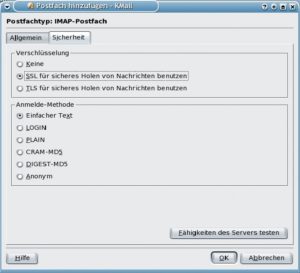 Abbildung 5b: Der Reiter »Sicherheit« führt zu den Einstellungen für SSL und die verwendete Login-Methode. Über »Fähigkeiten des Servers testen« prüft KMail selbstständig, welche Methoden der Mailserver unterstützt.