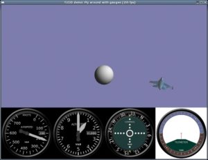 Abbildung 6: Tcl 3D bringt sogar erste Ansätze für einen Flugsimulator mit: Die 3D-Darstellung in diesem Beispielprogramm ist zwar noch reichlich simpel, dafür sehen die Instrumente aber schon gut aus.