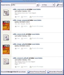 Abbildung 6: Das Beagle-GUI erinnert an Microsofts Desktop Search und zeigt den Kontext, die Bearbeitungsmöglichkeiten und je nach Typ auch eine Vorschau der Fundstellen im kompakten Ergebnisfenster an.