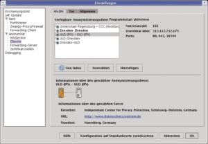 Abbildung 6: Der Infoservice liefert eine jederzeit aktuelle Liste der verfügbaren Mix-Kaskaden. So ist es leicht, zwischen Anonymität und Geschwindigkeit zu wählen. Wichtig zu wissen: Nicht alle Kaskaden lassen sich über Standardports erreichen.