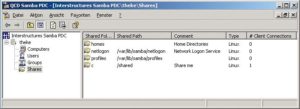 Abbildung 6: Zu den wichtigen Aufgaben eines Samba-GUI gehört es, Freigaben anzuzeigen und zu ändern. Den Standard-Freigabeordner »c« hat der Linux-Admin bereits bei der Installation unter Fedora Core 3 per »configsambapdc« angelegt und auf das Verzeichnis »/shared« eingestellt.