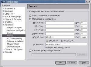 Abbildung 6: Die Konfiguration des Mozilla-Browsers für Socks 5 versteckt sich unter »Preferences | Advanced | Proxies«. Socks nutzt per Default Port 1080.