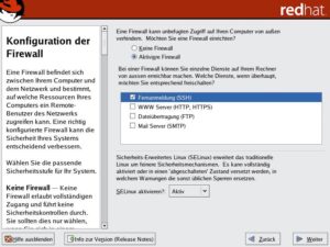 Abbildung 6: Bei Red Hats Enterprise Linux sind SE-Linux und die Firewall standardmäßig aktiv. Die wichtigsten Dienste lassen sich zwar per Mausklick aktivieren, Samba fehlt jedoch in der Liste.