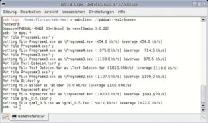 Abbildung 6: Smbclient schreibt und liest Dateien vom Fileserver und misst dabei den Datendurchsatz.