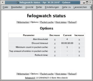 Abbildung 6: Im Browser kann der Anwender FWlogwatch konfigurieren. Der Alert Threshold bestimmt die Anzahl der Meldungen, ab der FWlogwatch seine Antwortskripte startet.