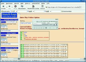 Abbildung 7: Der Audioplayer Snackamp dient gleichzeitig als Web- und Shoutcast-Server. Hier ist der Inhalt dieser Fernsteuerfunktion in einem Browser zu sehen. Im Vordergrund läuft XMMS und spielt eine von Snackamp ausgestrahlte Datei.