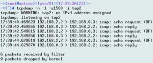 Abbildung 7: Der Tcpdump-Mitschnitt auf dem virtuellen Switch 2 (über »tap2« angebunden) zeigt den Ping von 192.168.2.2 auf 192.168.0.3.