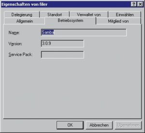 Abbildung 8: Wird Samba Mitglied in einer Windows-2003-Domäne, erhält es ein Computerkonto im Active Directory. Die Zeile »server string« in »/etc/samba/smb.conf« (Listing 3, Zeile 4) geht in diesen AD-Eintrag ein.