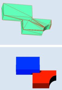 Abbildung 8: Mit Pov2tri erzeugtes GTS-File im Viewer (oben) und das Povray-Bild der Szene (unten).
