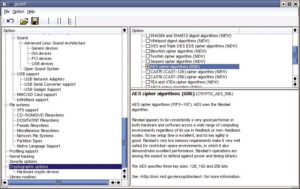 Abbildung 9: Da DM-Crypt die Verschlüsselung mit Hilfe des Crypto-API erledigt, muss unter »Cryptographic options | Cryptographic API« mindestens ein Algorithmus ausgewählt sein. Empfehlenswert ist derzeit AES.