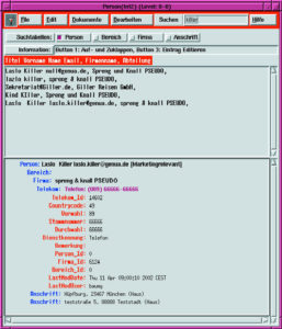 Abbildung 3: Die Daten des fiktiven Nutzers Lazlo Killer. Das Interface erlaubt es bei Bedarf, sehr viele Daten von Personen einzublenden.