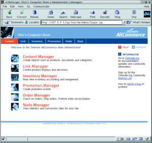 Abbildung 1: Die Web-basierte Administrations-Oberfläche von All Commerce ist in verschiedene Module aufgeteilt. Für jede Aufgabe steht ein eigener Manager zur Verfügung.
