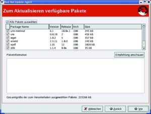 Abbildung 2: Auch Red Hat bietet ein halbautomatisches Online-Update an. Im Gegensatz zur SuSE-Variante ist leider nicht zu sehen, ob es sich um normale Bugfixes oder um Sicherheitspatches handelt.