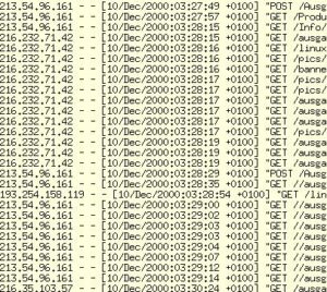 Ausschnitt aus einem Access.log von Apache: Datenschützer bemängeln, dass der freie Webserver die IPs und Zugriffszeiten der Clients protokolliert.