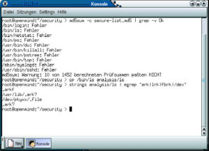 Abbildung 2: Das Programm »md5sum« vergleicht die aktuelle MD5-Prüfsumme mit den gespeicherten Werten: Zehn Dateien wurden hier modifiziert. Mit »strings« lässt sich feststellen, dass es sich um das Ambient's Rootkit (ark) handelt.