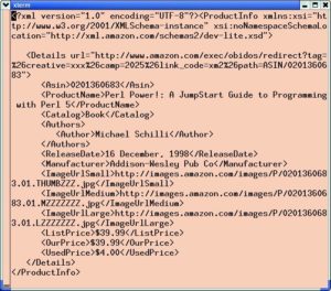Abbildung 1: Der Amazon-Webservice antwortet mit diesen XML-Daten auf eine ASIN-Anfrage (Amazon.com Standard Item Number). Gesucht war das Buch mit der ISBN-Nummer 0201360683.