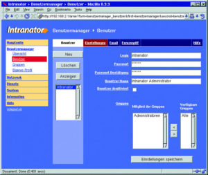 Abbildung 1: Das Web-Frontend des Intranator ist übersichtlich und funktionell. Der Zugang zu Diensten oder Internet lässt sich mit der abgebildeten Benutzerverwaltung sowie der Rechnerverwaltung konfigurieren.