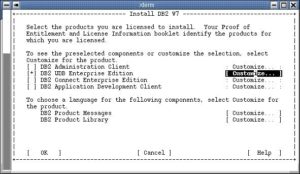 Abbildung 2: Die DB2-Installation mit db2setup geschieht über ein Text-Interface. Hier wird die DB2 Enterprise Edition installiert, mit Customize lassen sich deren Bestandteile auswählen.