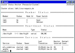 Abbildung 5: Obwohl lediglich die Netzwerk-Verbindung zum zweiten Cluster-Knoten unterbrochen wurde, ist der Status des Power-Switches »unknown«. Dieser Effekt tritt auch ohne konfigurierten Power-Switch auf.