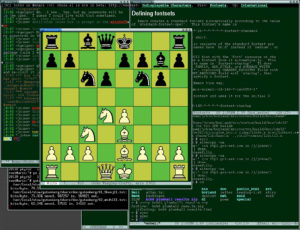 Abbildung 3: Eine Schachpartie für Emacs-Freunde: Das Spielbrett von Emacs Chess mit seiner X-Board- Grafik ist im Vordergrund zu sehen, der Hintergrund zeigt die laufende IRC-Sitzung. Über das IRC-Protokoll CTCP können die Spielzüge des Gegners übertragen werden.