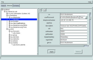 Abbildung 2: Der LDAP-Browser GQ stellt die Struktur des LDAP-Verzeichnisses übersichtlich dar: links die Baumstruktur der LDAP-Hierarchie, rechts den Benutzer Erich Mustermann mit seinem Account »emu«. LDAP kann auch weitere Daten aufnehmen, etwa die Telefonnummer.